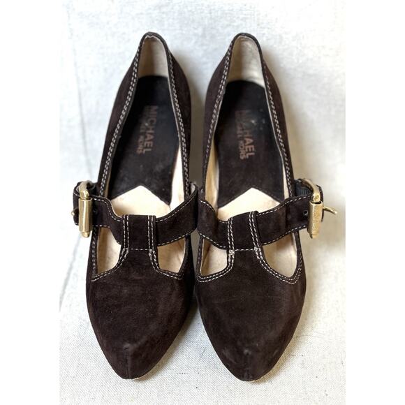 Michael Kors Annabelle T-Strap Brown Suede Platform Pump Heels Buckle Wmns 7M - Picture 2 of 7